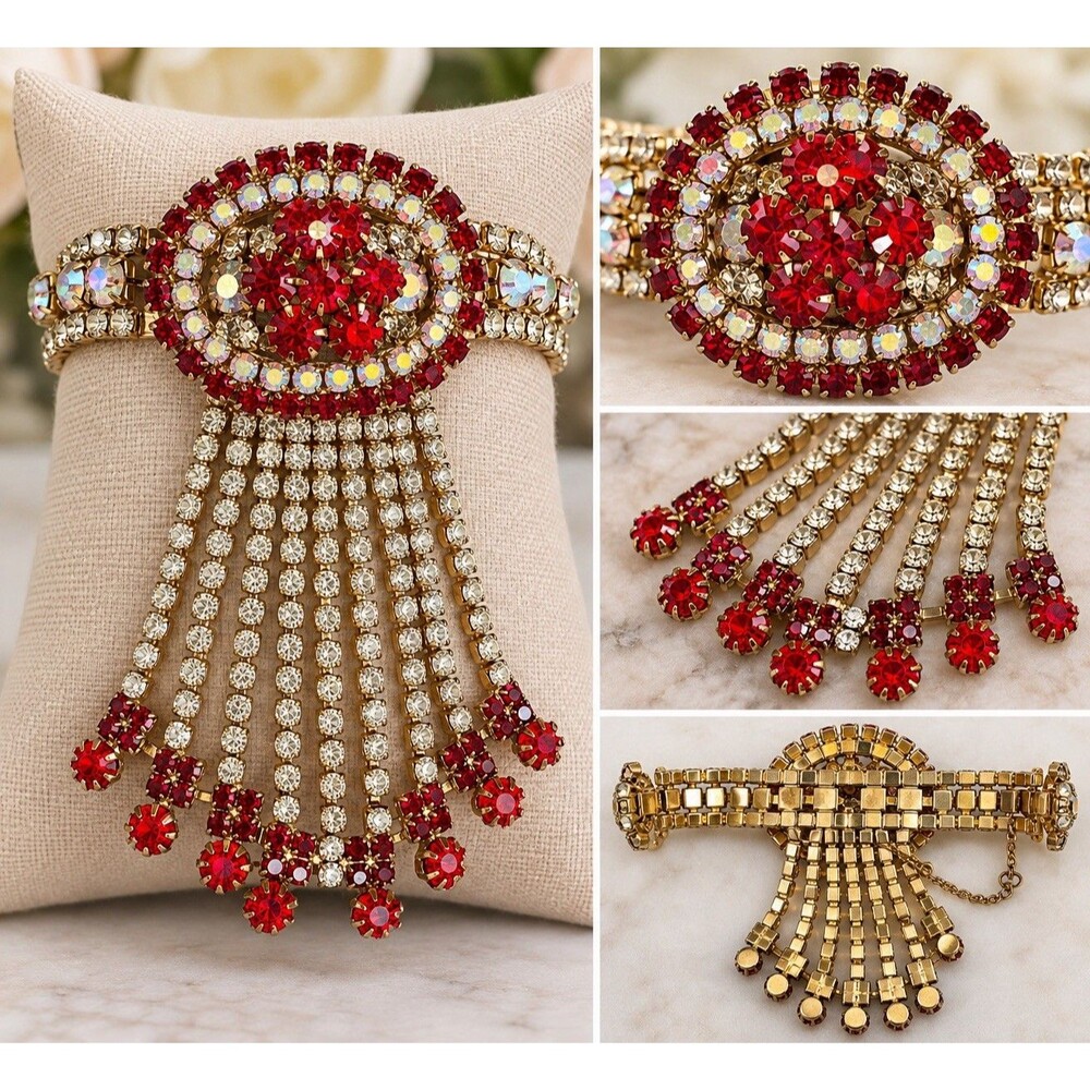 Vintage Red AB Rhinestone Bracelet 3” Cascade Fringe Statement Jewelry